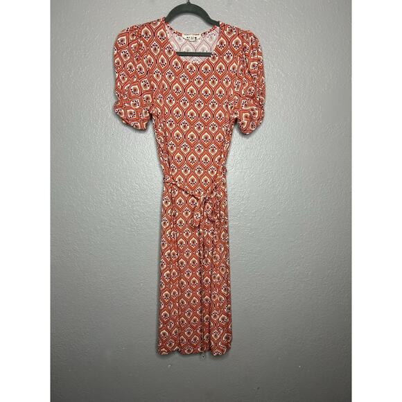 Boden Geometric Print Jersey Short Sleeve Dress Orange Stretch US Size 8L - Picture 2 of 8